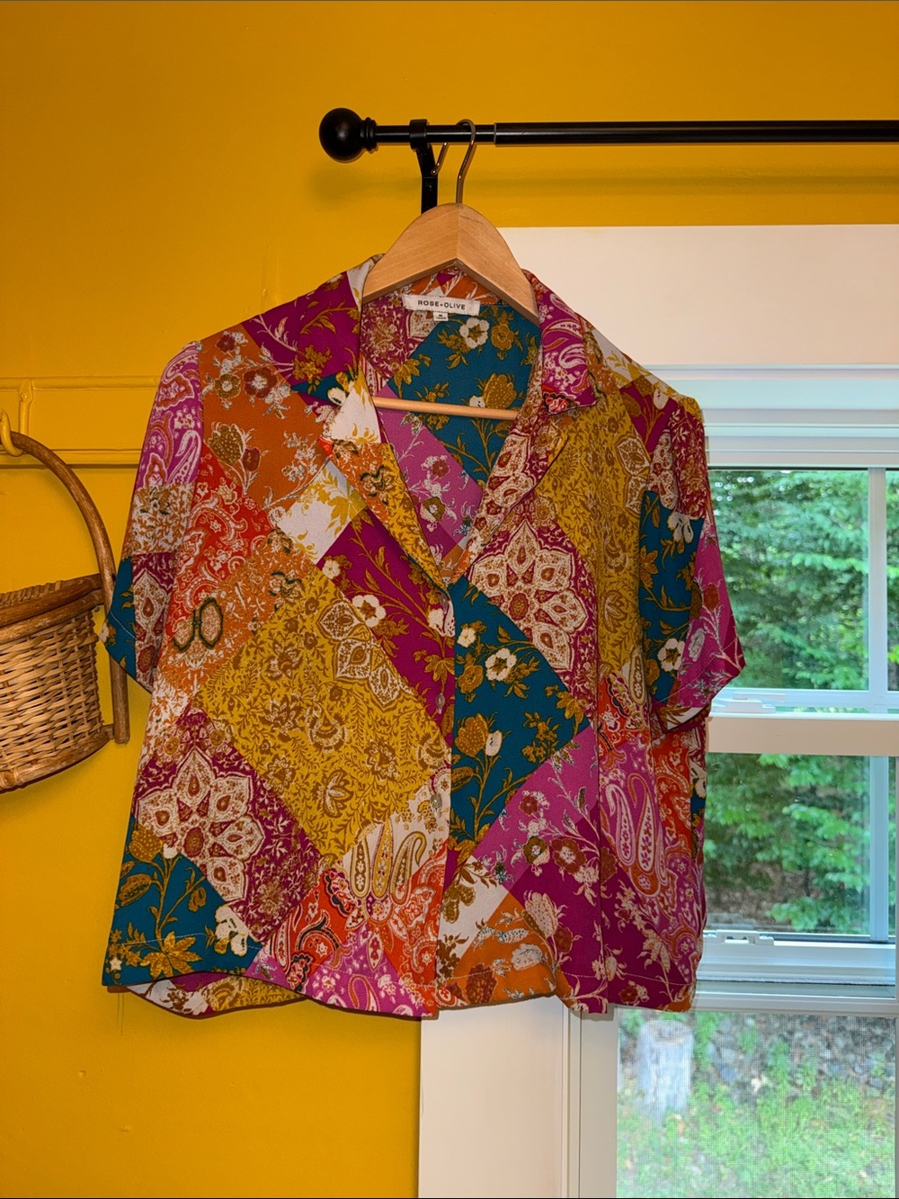 Rose + Olive Patchwork Button-up Top, Size Medium